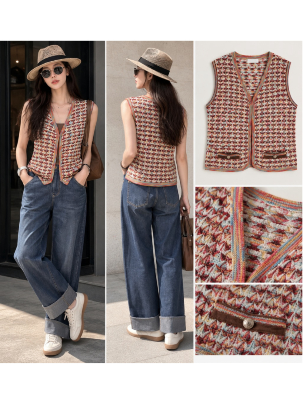 intage-inspired multicolor crochet knit vest 920-4 featuring intricate geometric